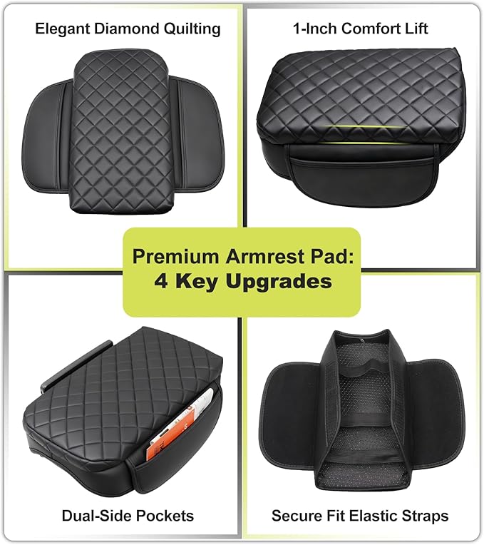 Center Console Armrest Cover for Kia Sportage 2023 2024 2025 2026 Accessories Arm Rest Lid Pad with Side Pockets, Black Faux Leather