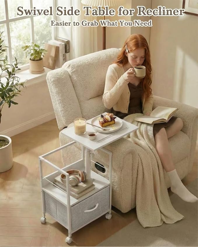 Faesun Swivel Lift Top Nightstand with Charging Station, Rolling Side Table for Recliner, Bedside Table with Wheels & a Fabric Drawer, for Small Spaces, for Bedroom, Living Room, White Gray