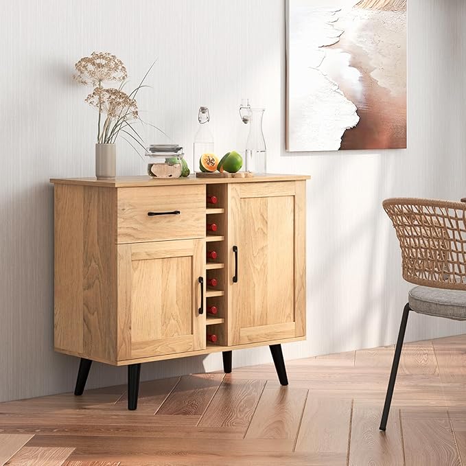 Buffet Cabinet with Storage, Liquor Cabinet w/ 6-Bottle Wine Rack, 1 Drawer & 2 Doors, Wood Buffets & Sideboards, Farmhouse Coffee Bar Table for Kitchen, Dining Living Room, Entryway (Natural)
