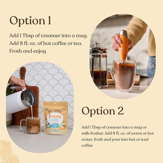 Four Sigmatic Focus Vanilla Coffee Creamer | Organic Non Dairy Coffee Creamer with Lion’s Mane and Vitamin B12 | Vanilla, 4.23 oz