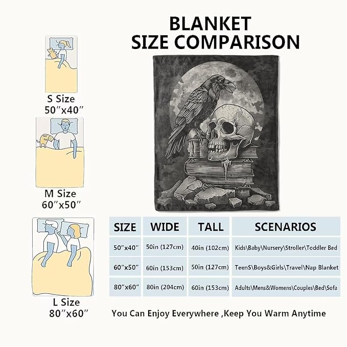 Gothic Skull Blanket,Goth Black Raven Spooky Throw Blankets,Gifts for Women Men, Lightweight Soft Fleece Cozy,for Sofa Couch Bed Room Travel,Festival Halloween Aesthetics Decor,40x50in