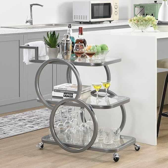 Home Bar Serving Carts 3 Tier Kitchen Carts on Wheels Mobile Bar Carts for Home Kitchen Dining Room Living Room Party, Silver Grey