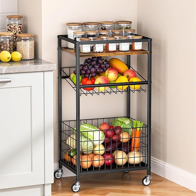 Fruit Vegetable Cart, 3-Tier Snack Kitchen Cart on Wheels & Wood Top, Utility Shelf Rack Organizer for Fruit, Vegetables, Potato, Snack, Brown