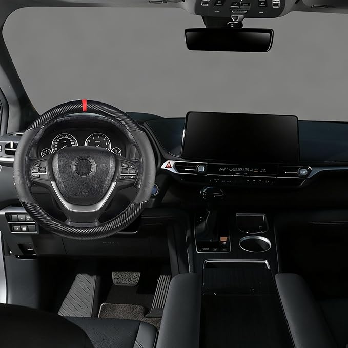 KAFEEK Customized Auto Car Steering Wheel Cover for Honda Civic, CR-Z, Insight, S2000, Small Size 14" - 14.25" Outer Diameter, Carbon Fiber, Black