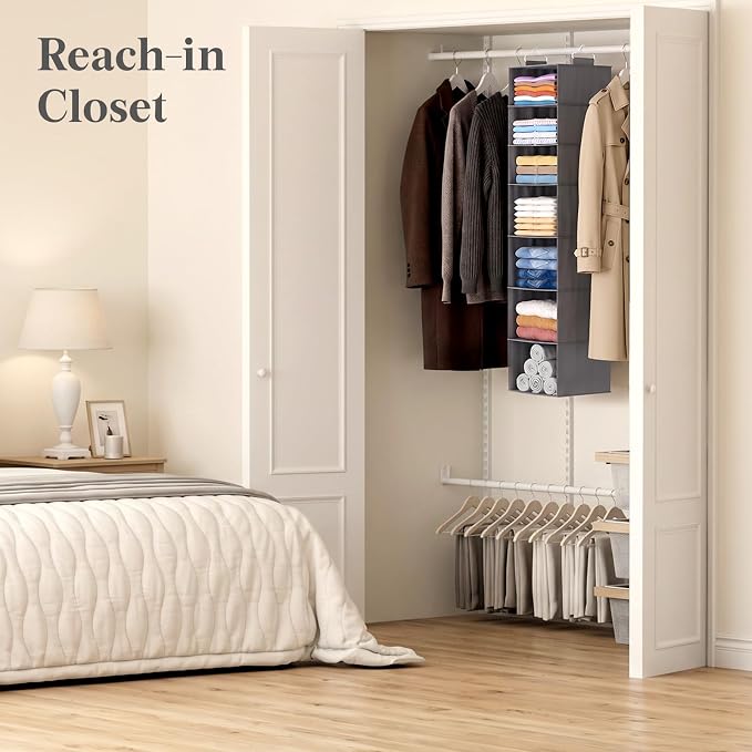 Lifewit 7 Tier Hanging Closet Organizer and Storage for Shelves, 1 Pack Foldable Clothes Shelf with 2 Sturdy Hooks, Sweater/Coat/Shoes Clothing Organization for Wardrobe, Dorm, Bedroom, Gray