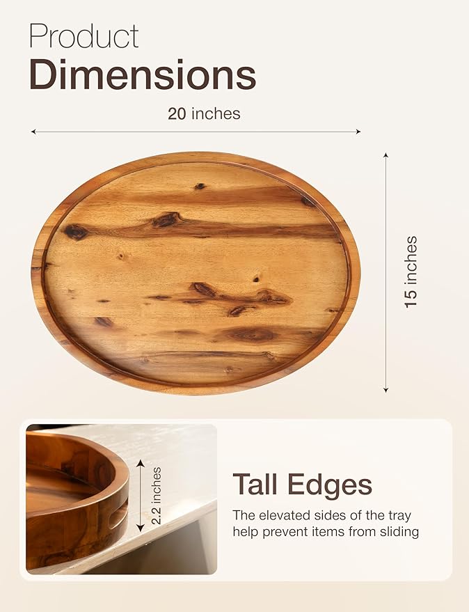 Acacia Wood Ottoman Tray with Handles - 20" x 15" Round - Large Oval Serving Trays for Living Room -Wooden Trays for Decorative for Kitchen Counter, Coffee Table, Breakfast in Bed (Acacia)