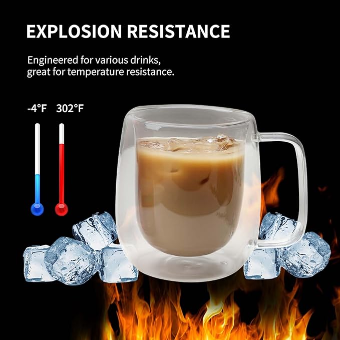 Double Wall Glass Coffee Mugs -11.8Oz Clear Insulated Glass Espresso Cups with Handle Mugs for Hot Beverages,set of 2 Perfect for Cappuccino Latte Americano Tea Bag (Large (2 PACK))