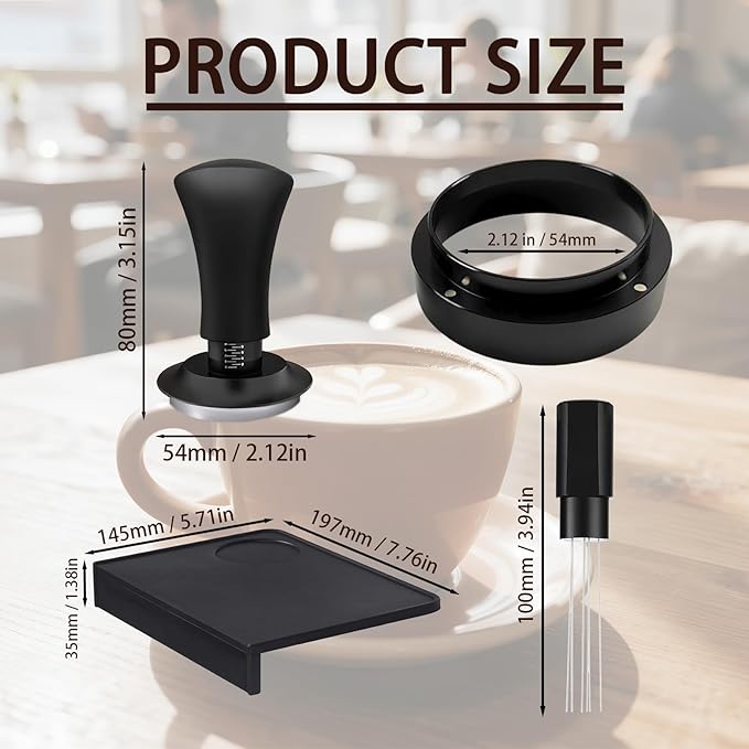 Espresso Accessories 54mm Spring Loaded Tamper Kit, 5-Piece Set with Needle Distributor WDT Tool, Dosing Funnel & Tamping Mat for 54mm Portafilter Espresso Machines (54mm)