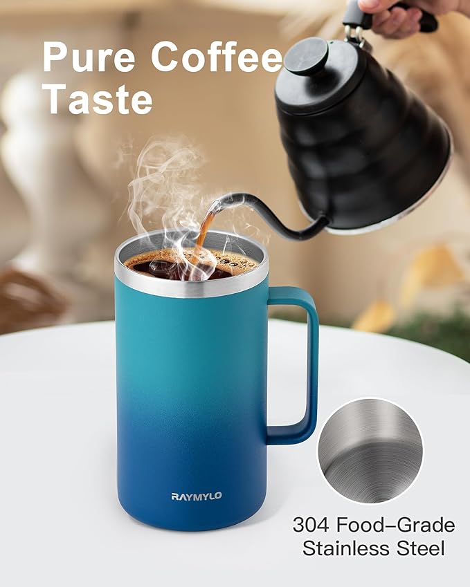 Insulated Coffee Mug 24 oz, Double Wall Stainless Steel Coffee Mug with Lids, Leak-Proof & Detachable Slider Lid for Thorough Clean, Keeps Coffee Cold for 9 Hrs, Suitable for Camp Home Office