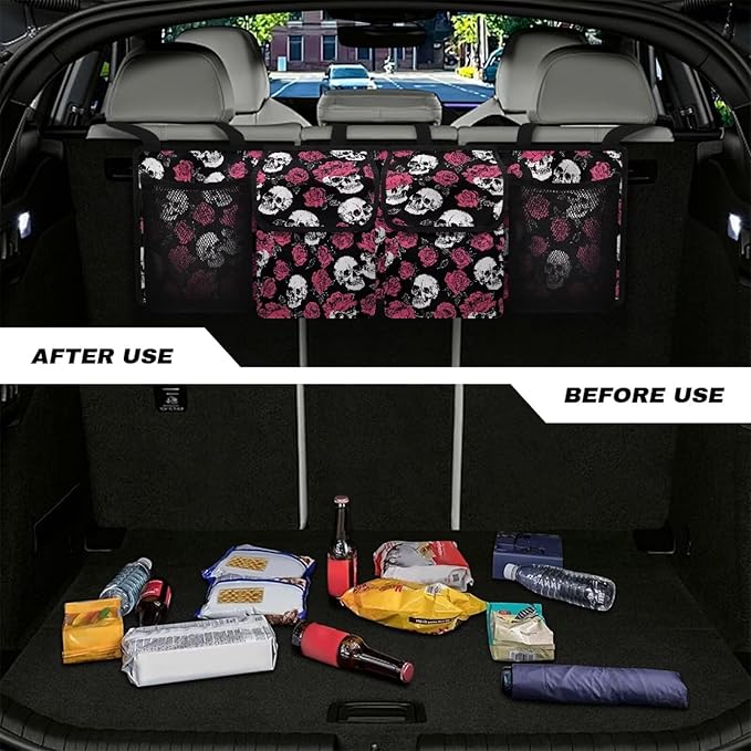 Skull Roses Car Trunk Organizer Bag Hanging Car Back Seat Storage Bag with 4 Pockets Auto Interior Accessories for SUV MPV Sedans Pickup Jeep Trucks