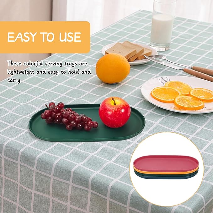 4Pcs Oval Serving Tray, 12 x 6.7in Plastic Tray Food Tray, Colourful Serving Platters for Party Entertaining Snack Dessert Coffee Table, Medium