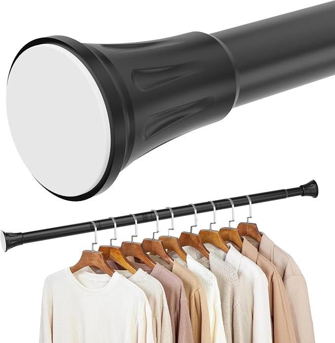 1.1 Inch Diameter Tension Closet Rods for Hanging Clothes 32-48 Inch, Adjustable Pole Closet to Hang Clothes, Heavy Duty Closet bar for Wardrobes with No Drilling Holder, Matte Black