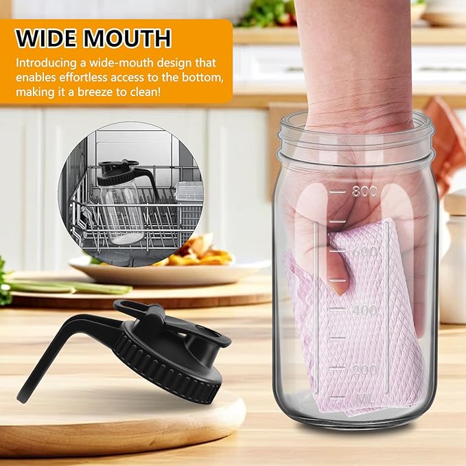 1Pc Wide Mason Jar Pitcher,32oz Glass Pitcher with Lid Double Leak-proof with Handle Water Jug Wide Mouth Breast Milk Fridge Container for Water, Juice (32oz Black)