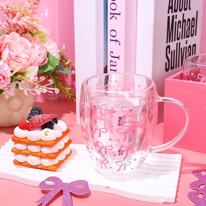 JarThenaAMCS Pink Bow Double Wall Glass Coffee Mugs 12Oz Cute Bowknot Heart Insulated Glasses Clear Espresso Cups with Handle for Home Holiday Supplies, Set of 2