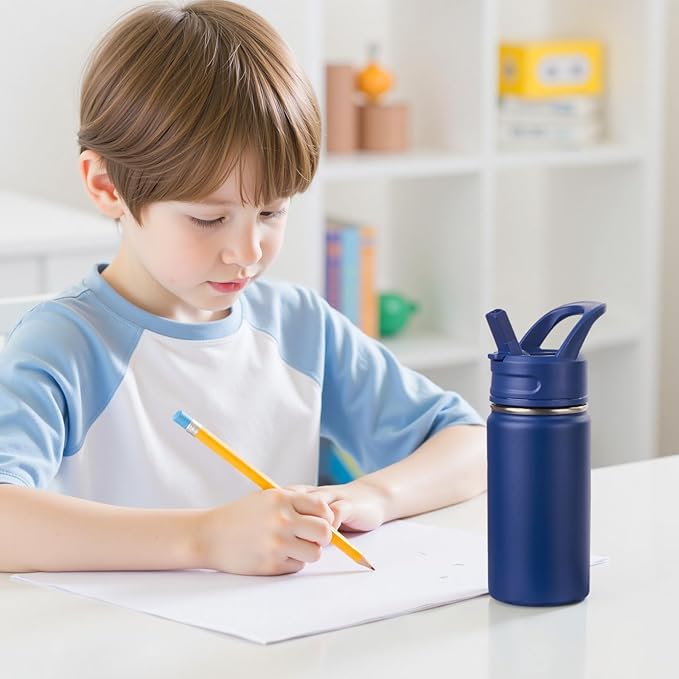 12oz Water Bottle for School, Bottles with Straws, Stainless Steel Vacuum Insulated Water Bottle, Leak-Proof, BPA-Free, Blue Transportation