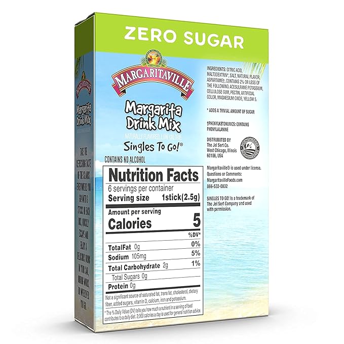 Margaritaville Singles To Go Water Drink Mix - Margarita Flavored, Non-Alcoholic Powder Sticks (3 Boxes with 6 Packets Each - 18 Total Servings)