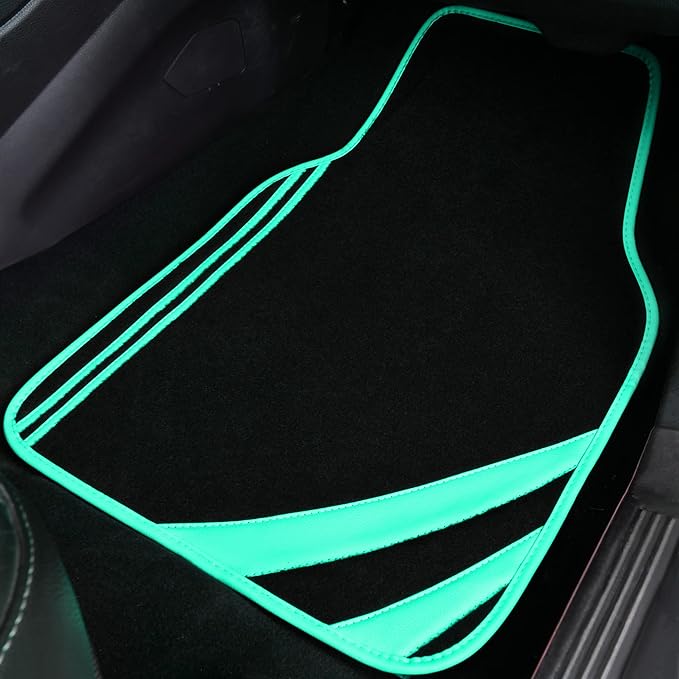 CAR PASS Mint Green Edge Leather Car Floor Mats, Universal Car Mats with Double Stitch Line and Anti-Slip Backing Design, for Cute Girly Women, Fit 95% Automotive,SUVs,Sedan,Vans (Black and Mint)