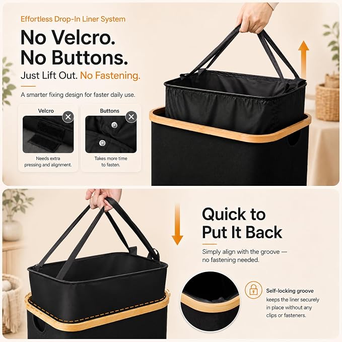 Foluck 100L Laundry Hamper with Lid Removable Bag and Bamboo Handles | Waterproof Self-locking Inner Bag, 3 Different Handles, 600D Cationic Cloth, for Dorm Bedroom Bathroom