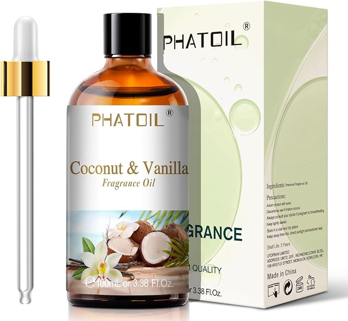 PHATOIL 3.38FL.OZ Coconut & Vanilla Fragrance Oils for Aromatherapy, Long Lasting Scented Oils for Home, Perfect for Diffuser, Yoga, DIY Candle and Soap Making - 100ml