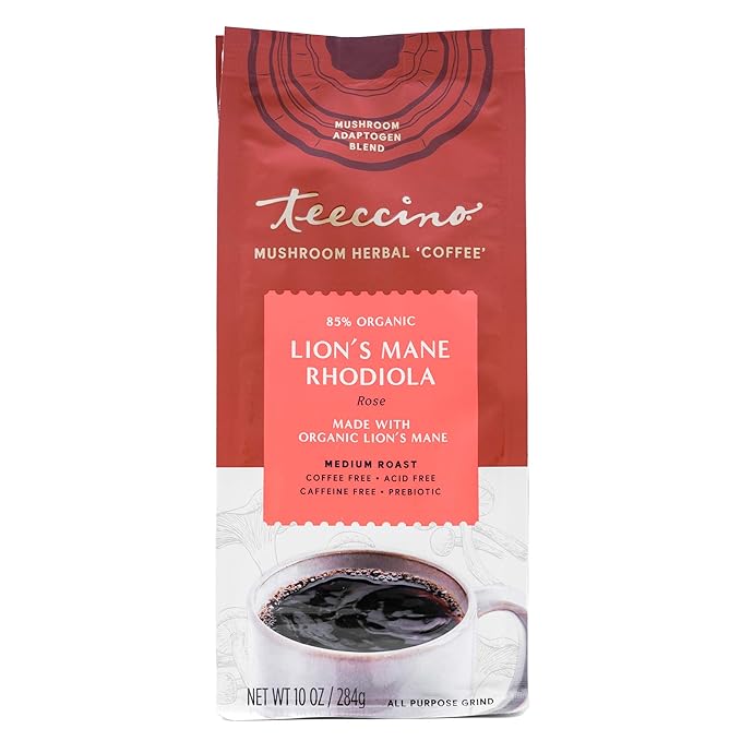 Teeccino Lion’s Mane Rhodiola Coffee Alternative - Rose - Adaptogenic Herbal Mushroom Coffee, Medium Roast, Caffeine Free, Prebiotic, Acid Free, All-Purpose Grind - 10 Oz