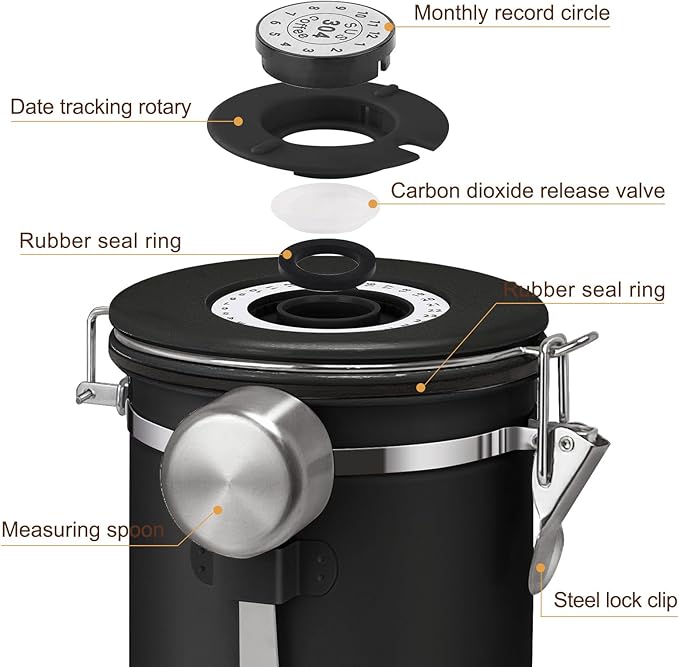 2.8L Airtight Vacuum Coffee Canister, Stainless Steel Storage Container for Coffee Beans and Grounds with Scoop.Suitable for coffee powder, coffee beans, rice, tea leaves, sugar, flour, and grains