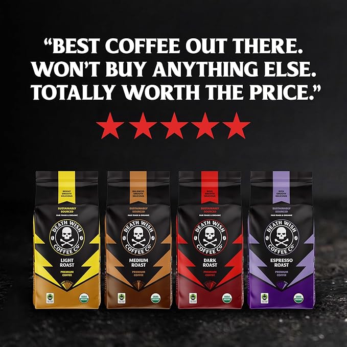 Death Wish Coffee Dark Roast Grounds -16 Oz, 4 Packs of Bold & Intense Blend of Arabica & Robusta Beans - USDA Organic Ground Coffee - Pack of 2