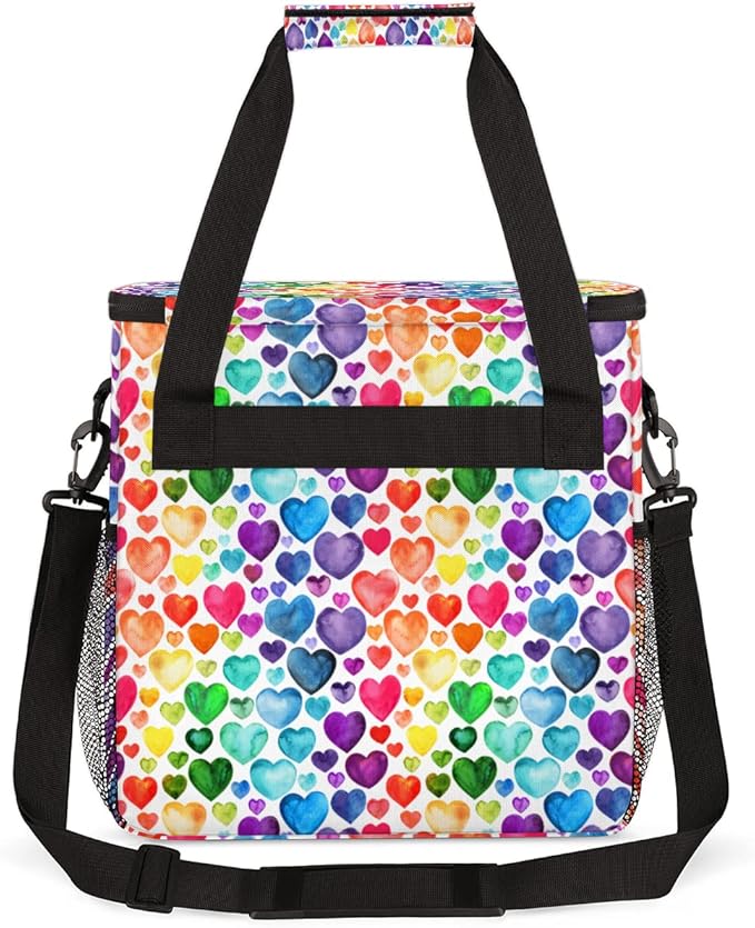 Watercolor Rainbow Hearts Pattern Coffee Maker Carring Bag Travel Storage Tote Bag Compatible with Keurig K-Mini or K-Mini Plus Portable Single Serve Coffee Brewer Case with Pockets for K-cup Pods