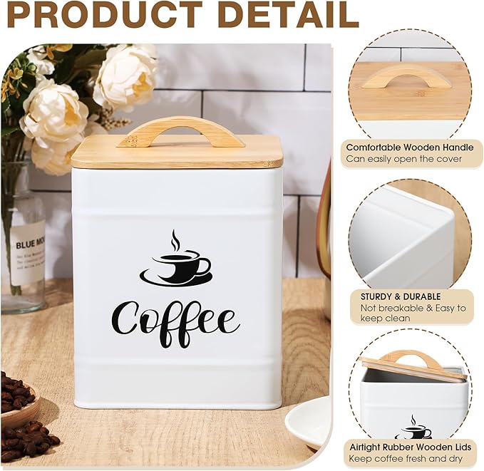 Maxdot 40 oz Coffee Container White Airtight Coffee Canister Large Iron Farmhouse Container with Wooden Bamboo Lid Tea Storage Canisters for Kitchen Countertop Grounds Beans Pods Housewarming Gifts