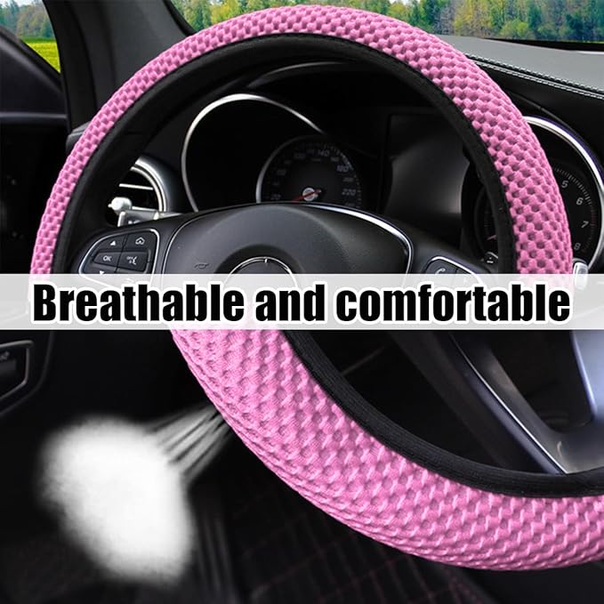 Car Steering Wheel Cover, Elastic Stretch Breathable Anti-Slip Automotive Steering Wheel Protector, Soft Comfortable Vehicle Interior Accessories, Universal for RV, SUV, Truck (Pink)