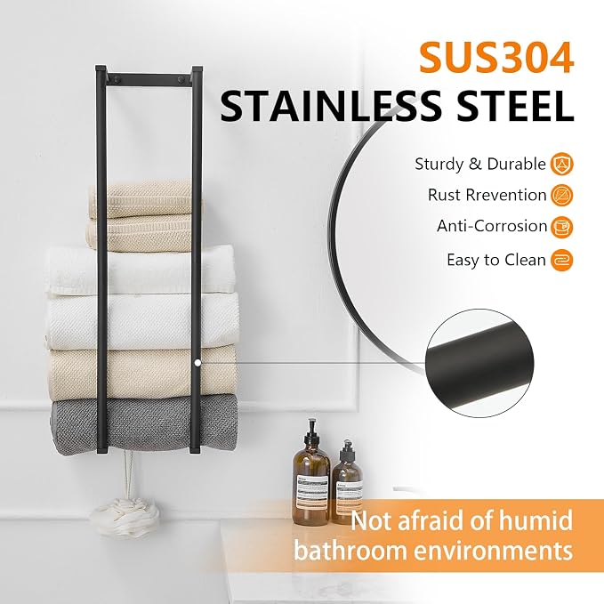 BWE Matte Black Towel Racks for Bathroom, 28" Stainless Steel Bathroom Towel Holder for Rolled Towels, Wall Mounted Towel Storage for Bathroom with 2 Hooks, 6 Large Bath Towels Capacity