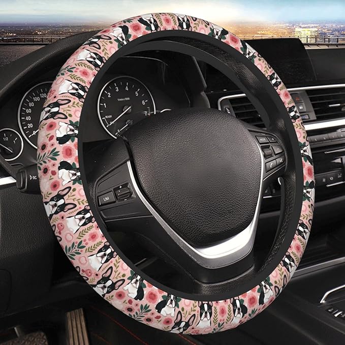 Boston Terrier Vintage Floral Universal Fit Steering Wheel Cover for Car, Truck, and SUV, Durable Steering Wheel Protection