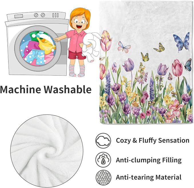 Spring Tulip Flower Blanket Cute Floral Throw Blankets with Colorful Butterfly,Birthday Gifts for Girls Women & Nature Lovers,Lightweight Soft Fleece,for Sofa Couch Bed Room Decor 40x50in