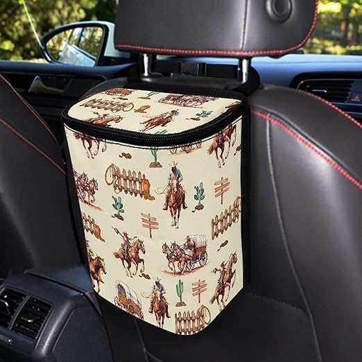Western Cowboy Car Trash Can Southwest Aztec Native Cow Mini Auto Garbage Bin with Lid Leak Proof Hanging Car Rubbish Bags Automotive Organizer Accessory for Back Front Seat