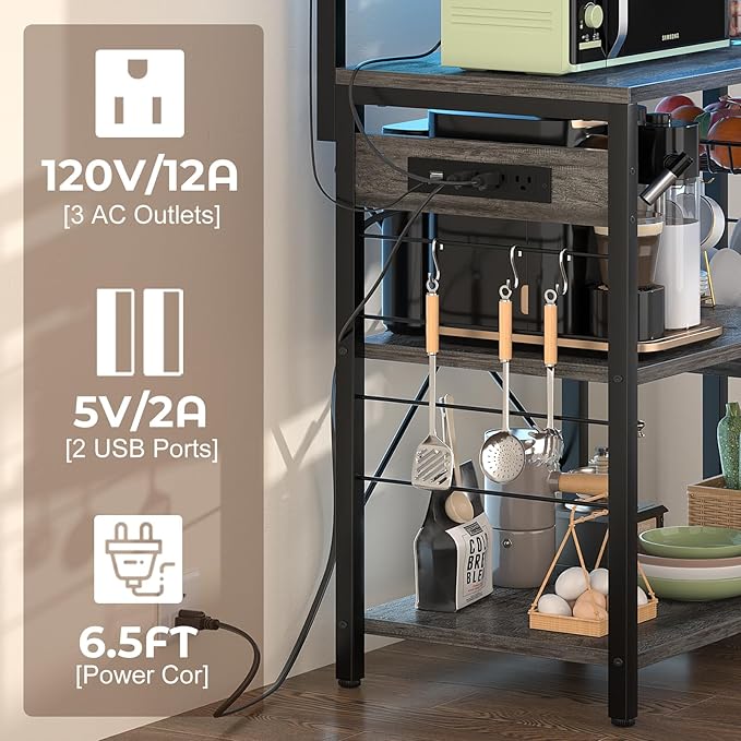 Aheaplus Bakers Rack with Power Outlet and LED light strings, Microwave Oven Stand Kitchen Storage Shelf with Wire Basket, Coffee Bar Station Island table with 10 hooks for Spices, Pots, Black Oak