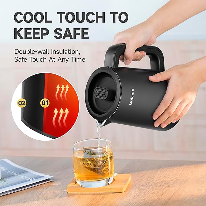 0.6L Small Travel Electric Kettle 800W,6 Temperature Control Dual Voltage 110-240V Smart Tea Coffee Kettle,12H Keep Warm,304 Stainless Steel Portable Hot Water Boiler (Black)
