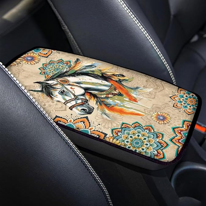 Horse Print Armrest Cover Pad for Car Boho Mandala Flower Print Car Center Console Cushion Pad Universal Auto Decor for Truck Sedan SUV