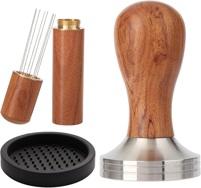 58mm Espresso Tamper Kit, Hard Wood Espresso Tamper Tool & Powder Press Pad & 8-Needles Espresso Stirrers For 58 mm Portafilter