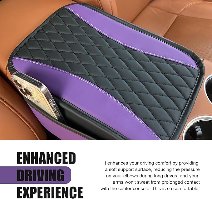Car Center Console Cover, Upgraded Patchwork Leather Arm Rest Cover with Side Storage Pockets, Comfortable Auto Armrest Protector Cushion, Universal Middle Console Pad for SUV, Sedan (Purple)