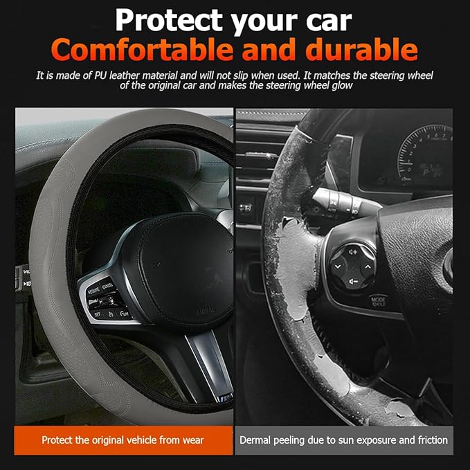 Car Steering Wheel Cover, 15 Inch Leather Soft Elastic Stretch Anti Slip Auto Steering Wheel Wrap Guard, Breathable Vehicle Interior Accessories, Universal for SUV RV Truck (Gray)