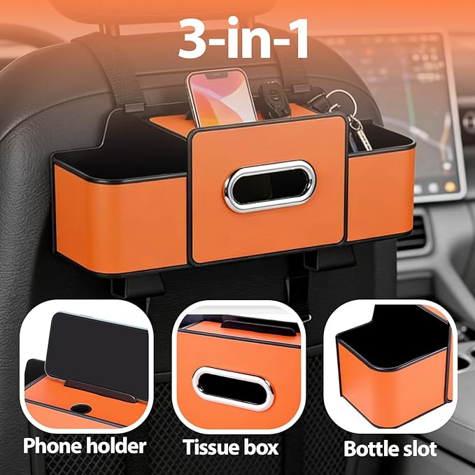 ZenChef Three-in-one Car Organizers and Storage, 2025 New Multi-function Car Tissue Holder, Multi-function Backseat Car Organizer with Cup Holder, Tissue Box, Hook(black)