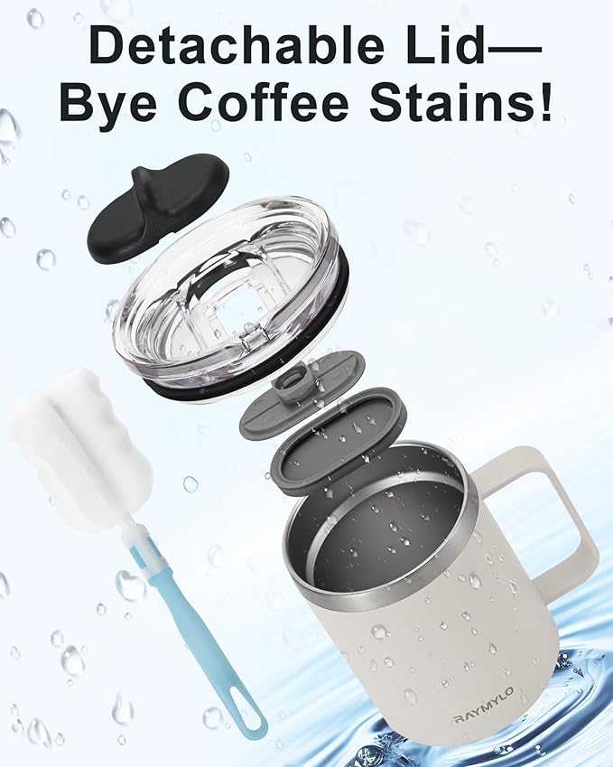 Insulated Coffee Mug 12 oz, Double Wall Stainless Steel Coffee Mug with Lids, Leak-Proof & Detachable Slider Lid for Thorough Clean, Keeps Coffee Cold for 9 Hrs, Suitable for Camp Home Office