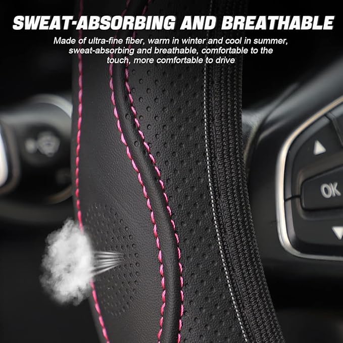 LoyaForba Car Steering Wheel Cover, Non-Slip Microfiber Leather Steering Wheel Cover, Breathable Vehicle Soft Handle Protector, Universal Automotive Interior Accessories for Women Men Girls (Pink)