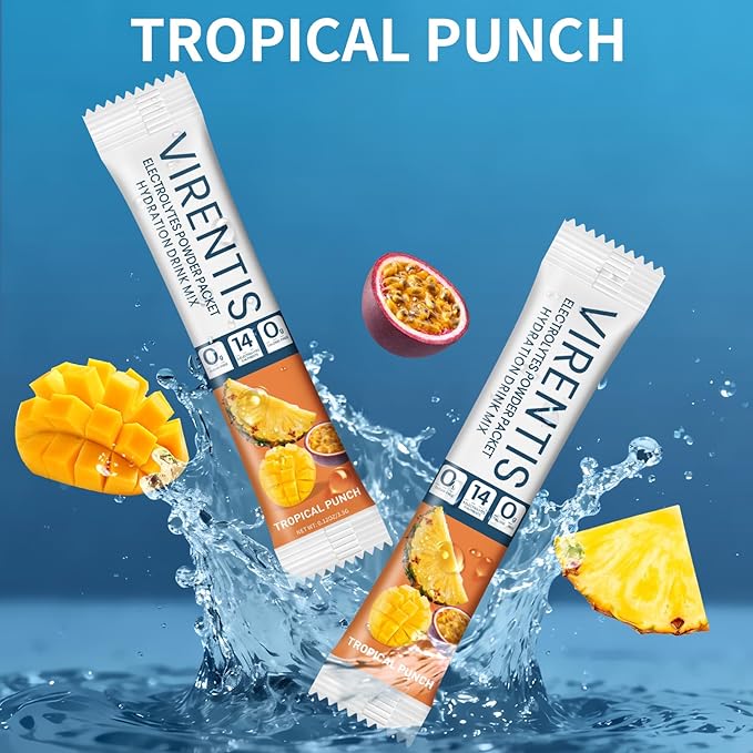 16 Sticks Electrolytes Powder Packets Sugar Free Hydration Packets Liquid Daily IV Electrolyte Drink Mix for Rehydration with 8 Electrolytes & 6 Vitamins, Low Sodium, Tropical Punch