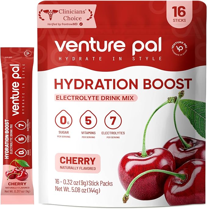 Venture Pal Sugar Free Electrolyte Powder Packets - Liquid Daily IV Drink Mix for Rapid Hydration & Party Recovery | 5 Vitamins & 7 Electrolytes| Keto Friendly | Non-GMO | Certified Vegan | 16 Sticks
