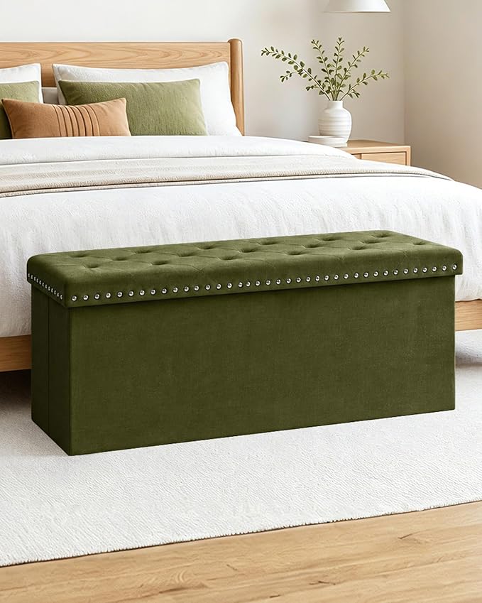 B FSOBEIIALEO Storage Ottoman Bench, Folding Tufted Ottomans with Storage, Extra Large 140L Storage Boxes Footrest Bench for Bedroom, Luxury Velvet Fabric 43 Inches Olive