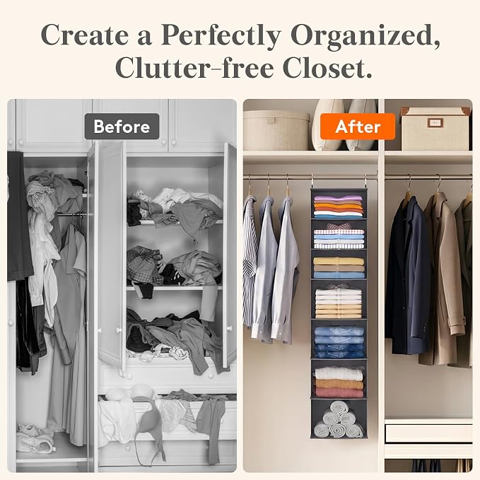 Lifewit 7 Tier Hanging Closet Organizer and Storage for Shelves, 1 Pack Foldable Clothes Shelf with 2 Sturdy Hooks, Sweater/Coat/Shoes Clothing Organization for Wardrobe, Dorm, Bedroom, Gray