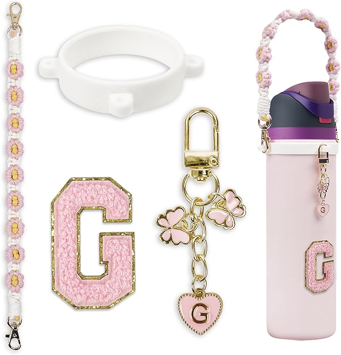 Compatible with Owala Water Bottle Accessories, Cute Letter Charm Set with Boho Handle Strap, Monogram Sticker, Silicone Ring, Keychain Decoration, for FreeSip 24 32 40oz, Owala Kids, Tumbler Gift