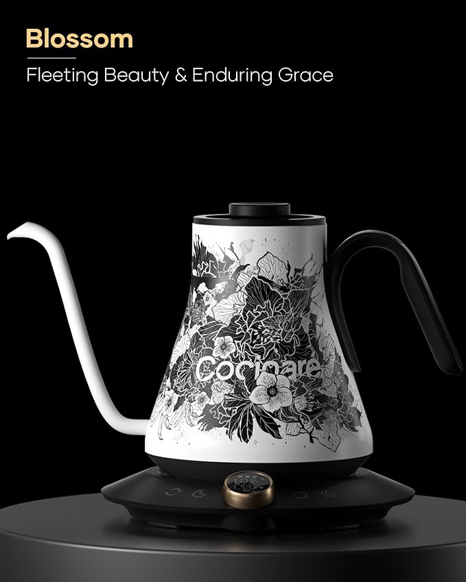 Cocinare Artisan Collection Blossom Gooseneck Electric Kettle, ±1℉ Precise Temperature Control for Pour-Over Coffee & Tea, Quick Heating 1500W, Stainless Steel Interior, 0.9L