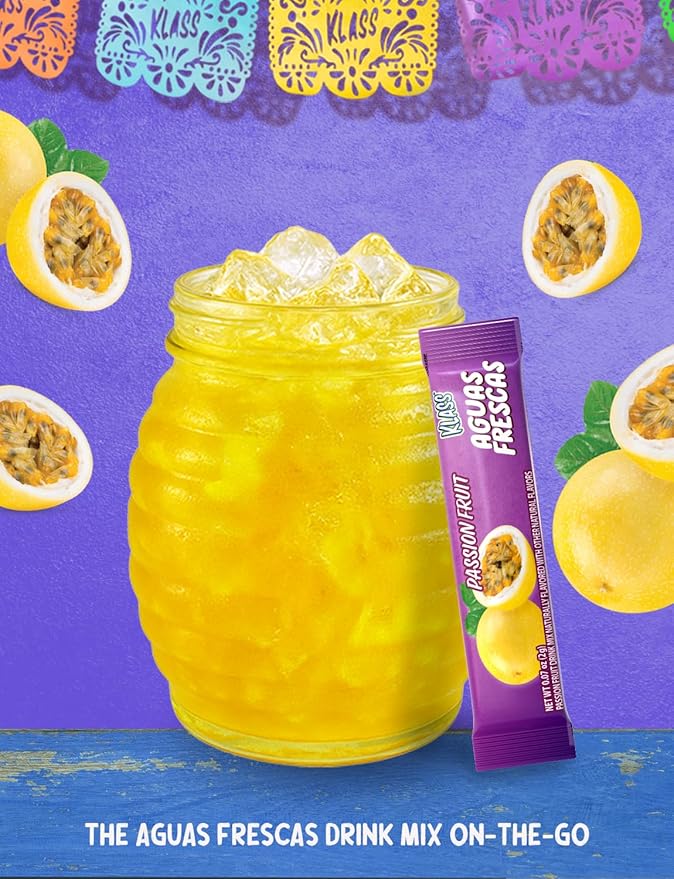 Klass Aguas Frescas, Powdered Drink Mix Variety Pack, 40 Singles Zero Sugar & Caffeine-Free Powder Packets, Water Drink Mix, Flavor: Passionfruit - 5 Calories Per Packet & Natural Flavors