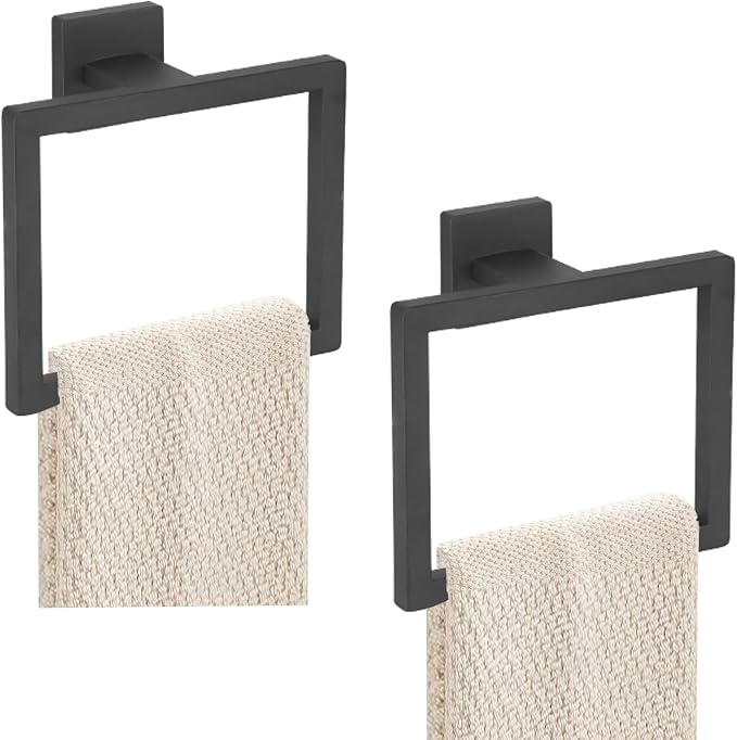 JOPOFI 2-Piece Towel Ring - Thicken Stainless Steel Towel Holder, Towel Racks for Bathroom, Square Modern Design Hand Towel Holder, Contemporary Hand Towel Bar - Matte Black